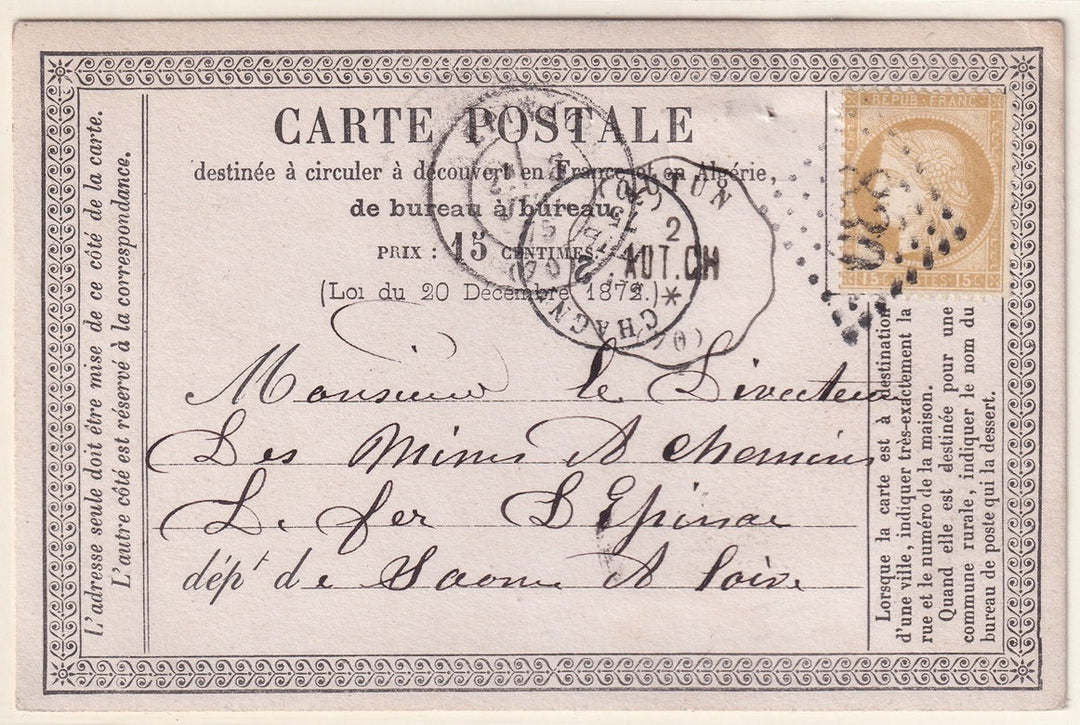 France 1875 Sc 61 carte postale Chagny to Epinac "830" (Chagny) GC cancel