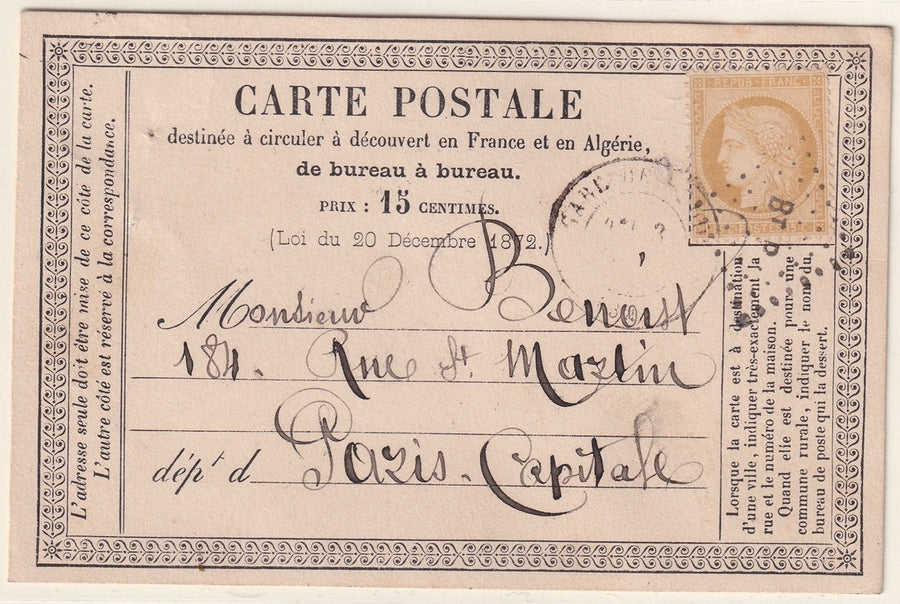 France 1873 Sc 56 carte postale Redon to Paris"BT. P" railway cancel