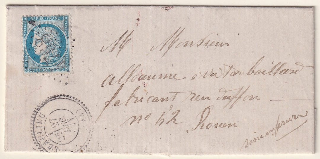 France 1871 Sc 58 folded letter Beaulieu to Rouen "4768" GC cancel