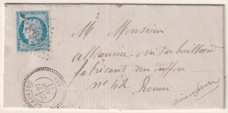 France 1871 Sc 58 folded letter Beaulieu to Rouen "4768" GC cancel