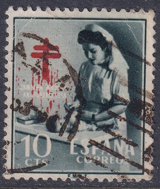 Spain 1953 Sc RA35 postal tax used "bleeding cross" variety