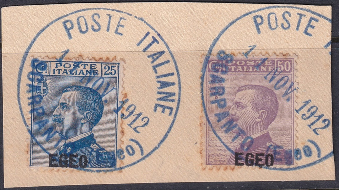 Italy Aegean 1912 Sc 1-2 set used "Scarpanto (Egeo)" cancels on piece