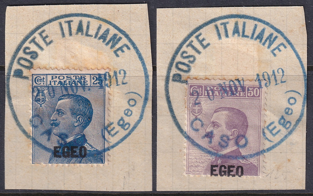 Italy Aegean 1912 Sc 1-2 set used "Caso (Egeo)" cancels on piece