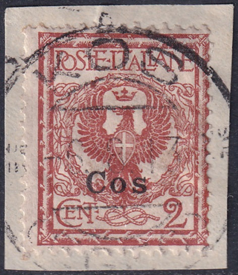 Italy Aegean Coo 1912 Sc 1 used "Kos" cancel on piece