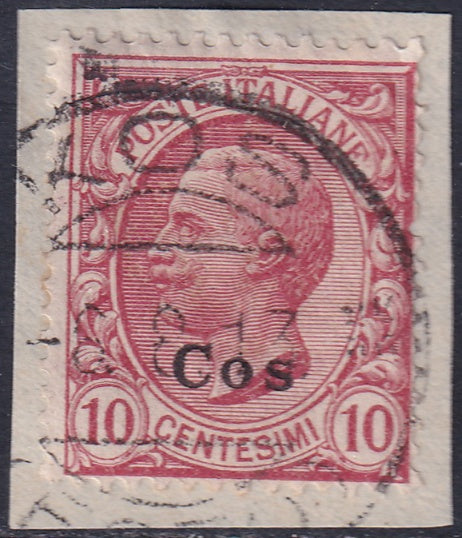 Italy Aegean Coo 1912 Sc 3 used "Kos" cancel on piece