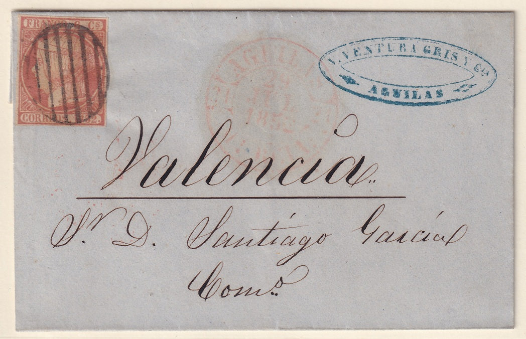 Spain 1852 Sc 12 folded letter Aguilas to Valencia
