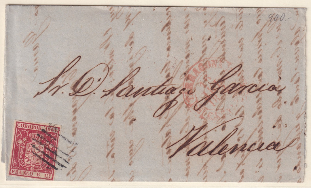 Spain 1854 Sc 26 letter front only Tarragona to Valencia