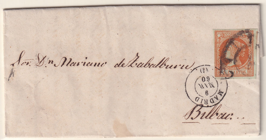 Spain 1860 Sc 50 folded letter Madrid to Bilbao