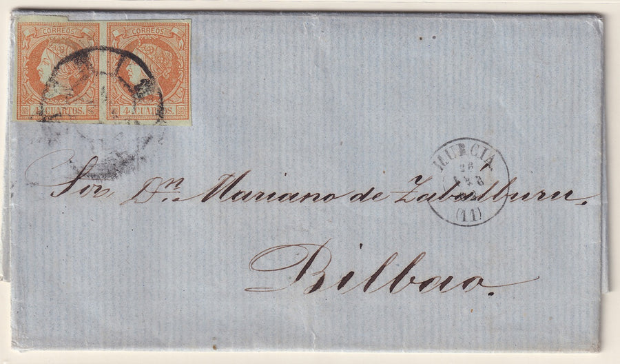 Spain 1862 Sc 50 pair on folded letter Murcia to Bilbao