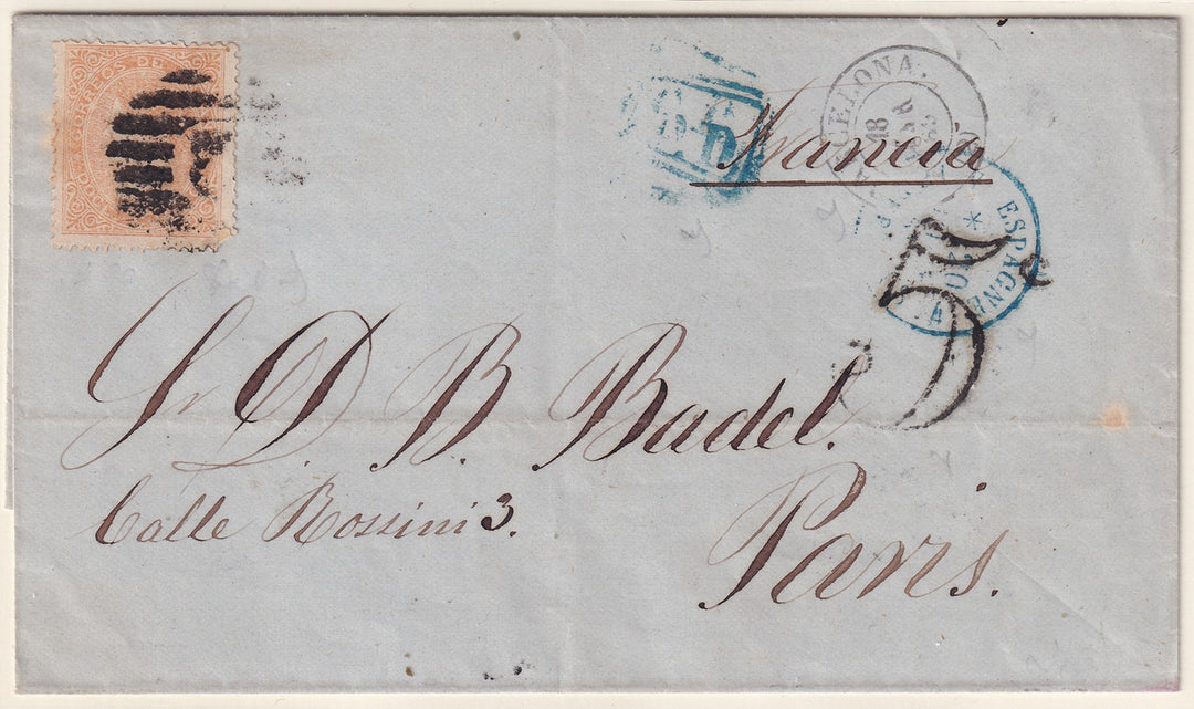 Spain 1869 Sc 90 folded letter Barcelona to Paris