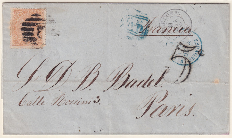Spain 1869 Sc 90 folded letter Barcelona to Paris