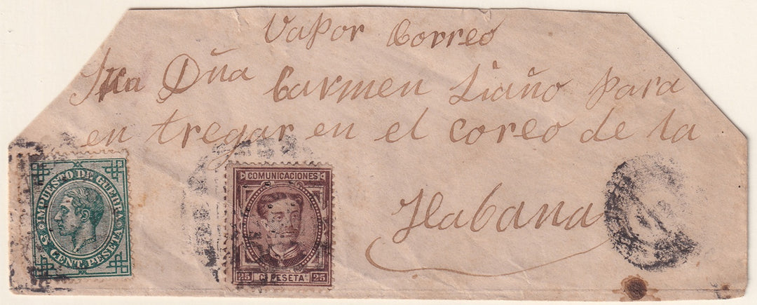 Spain 1876 Sc 225,MR5 partial cover to Havana by Vapor Correo