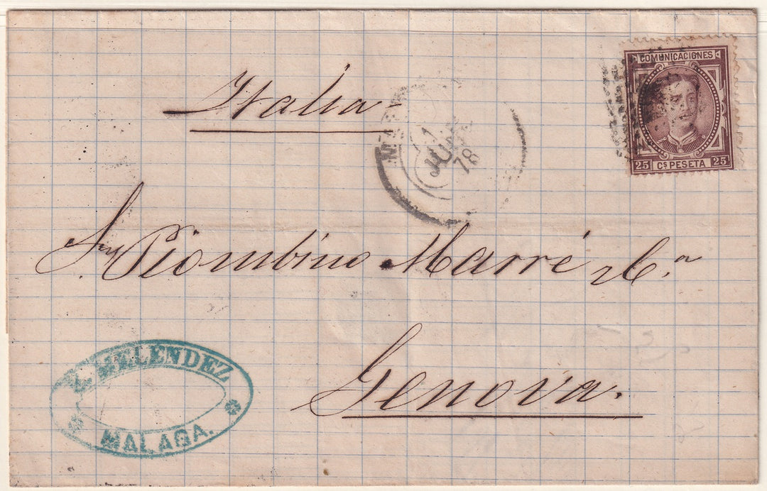 Spain 1878 Sc 225 folded letter Malaga to Genova