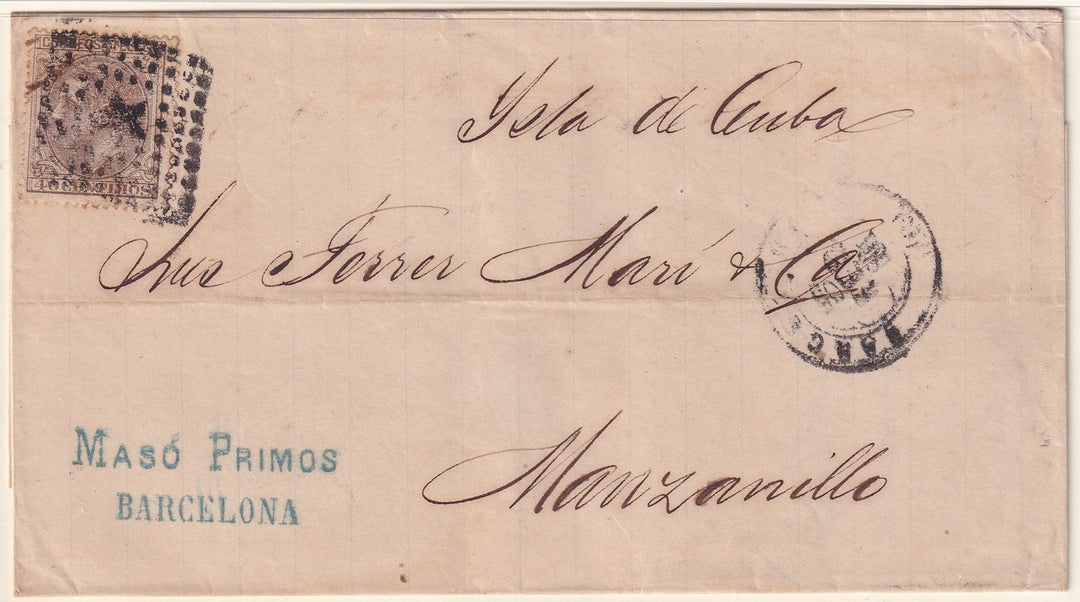 Spain 1880 Sc 247 folded letter Barcelona to Manzanillo Cuba