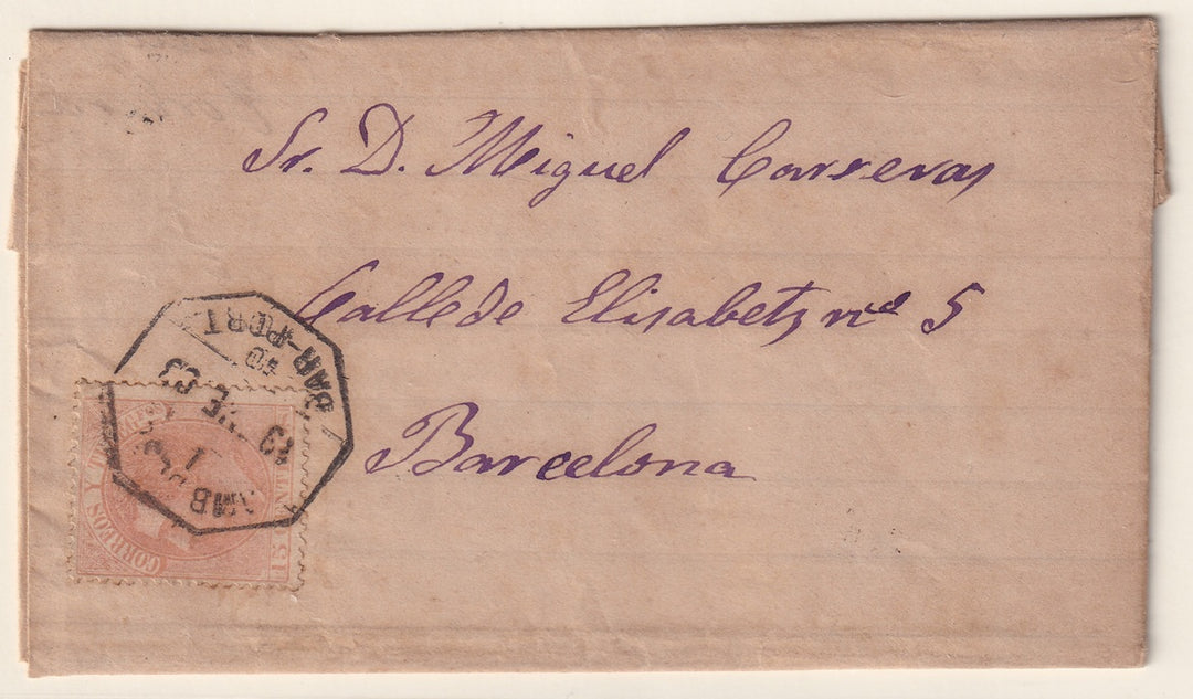 Spain 1883 Sc 252 folded letter to Barcelona