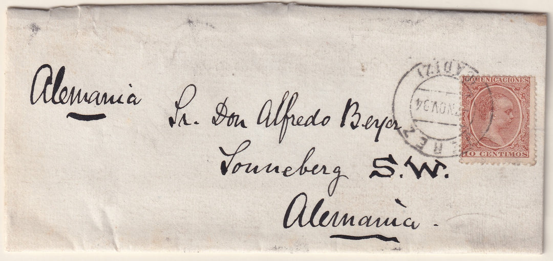 Spain 1894 Sc 259a folded letter Jerez to Sonneberg Germany