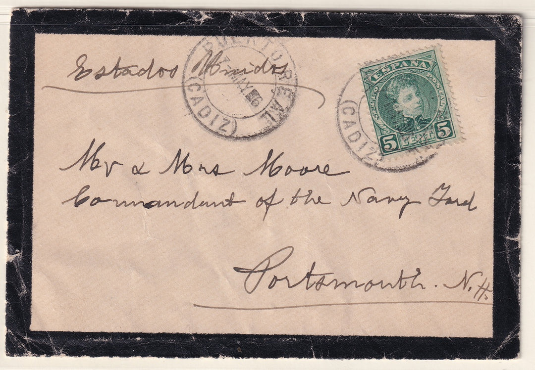 Spain 1906 Sc 273 mourning cover Puerto Real to Portsmouth NH USA