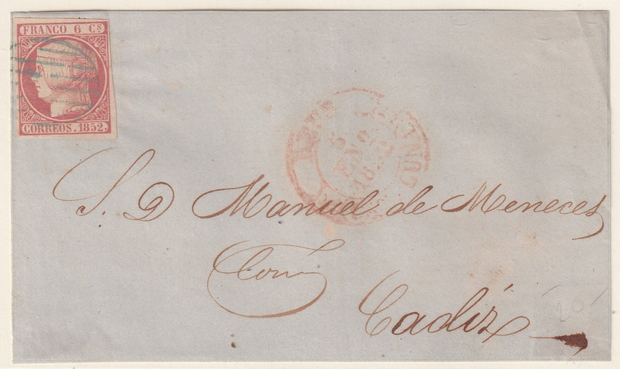Spain 1852 Sc 12 letter front only Reus to Cadiz early usage