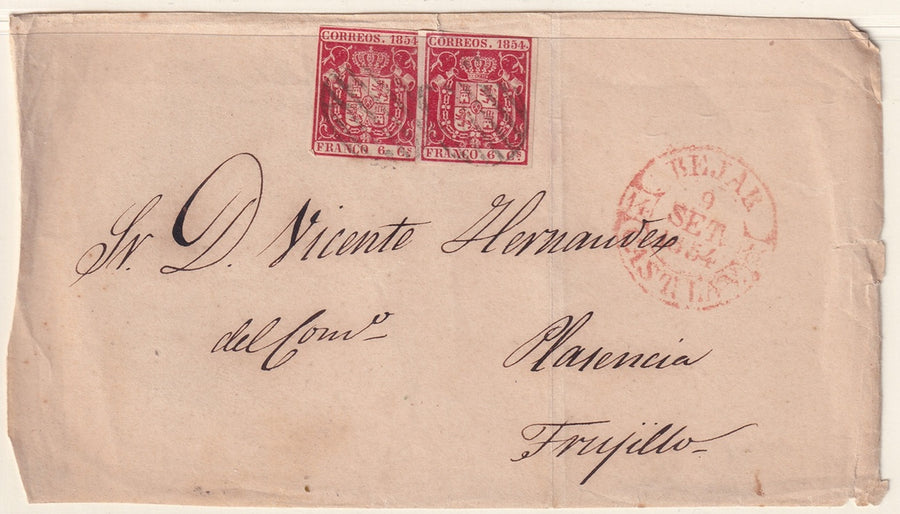 Spain 1854 Sc 26 pair on letter front only Béjar to Trujillo