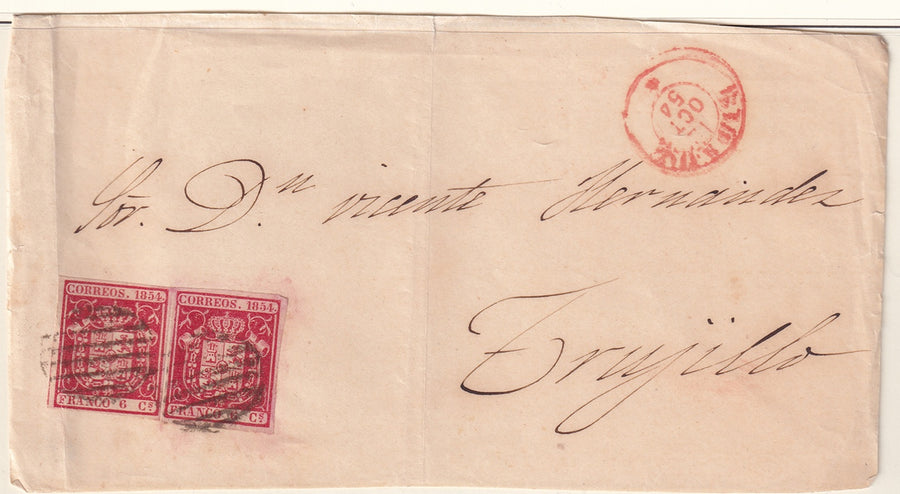 Spain 1854 Sc 26 pair on letter front only to Trujillo