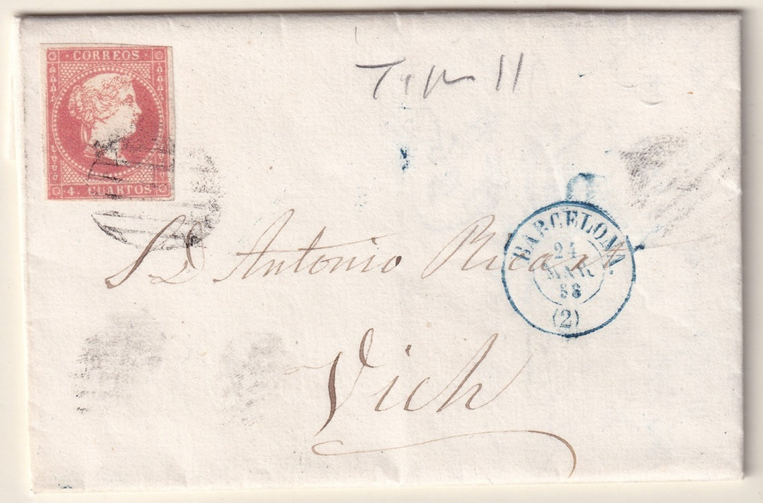 Spain 1858 Sc 45 folded letter Barcelona to Vich
