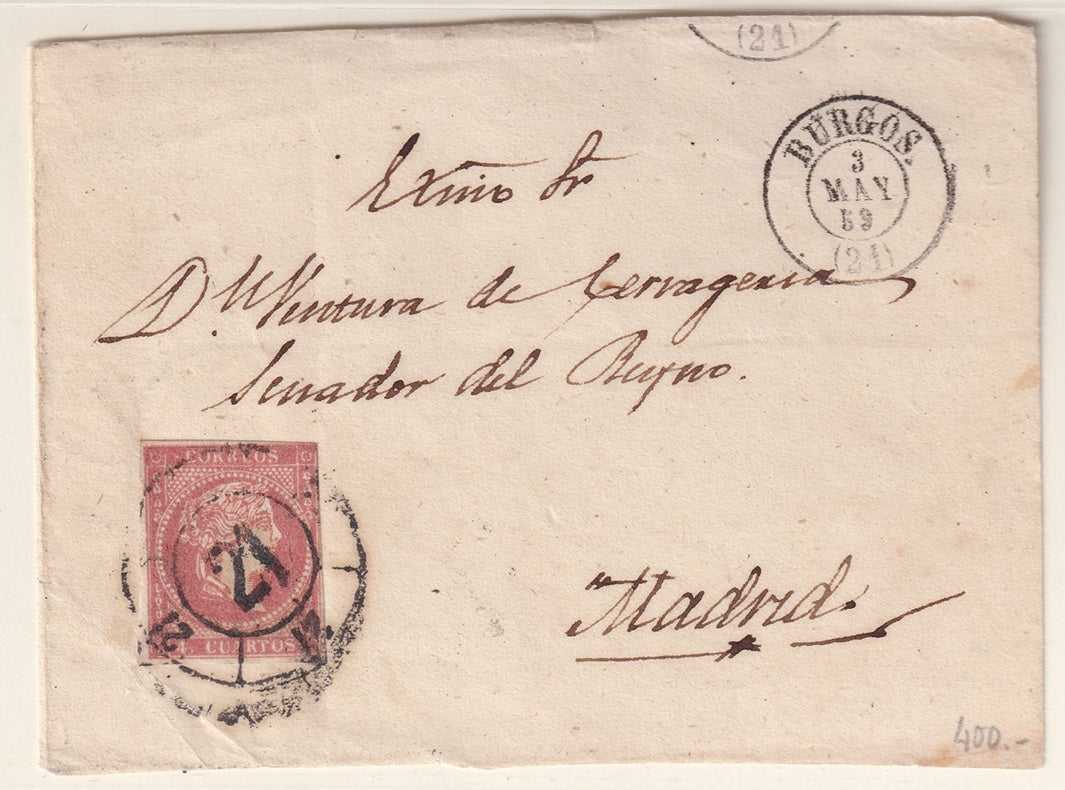 Spain 1859 Sc 45 letter front only Burgos to Madrid