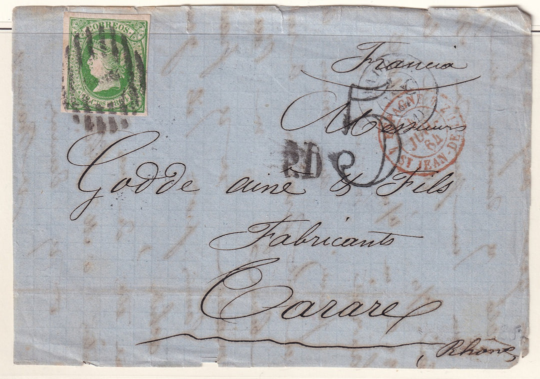 Spain 1864 Sc 63 letter front only Madrid to Rhone France