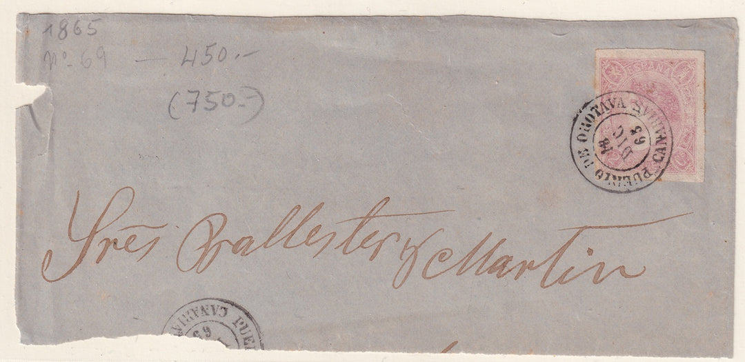 Spain 1865 Sc 67 letter front only Puerto de Orotava Canarias