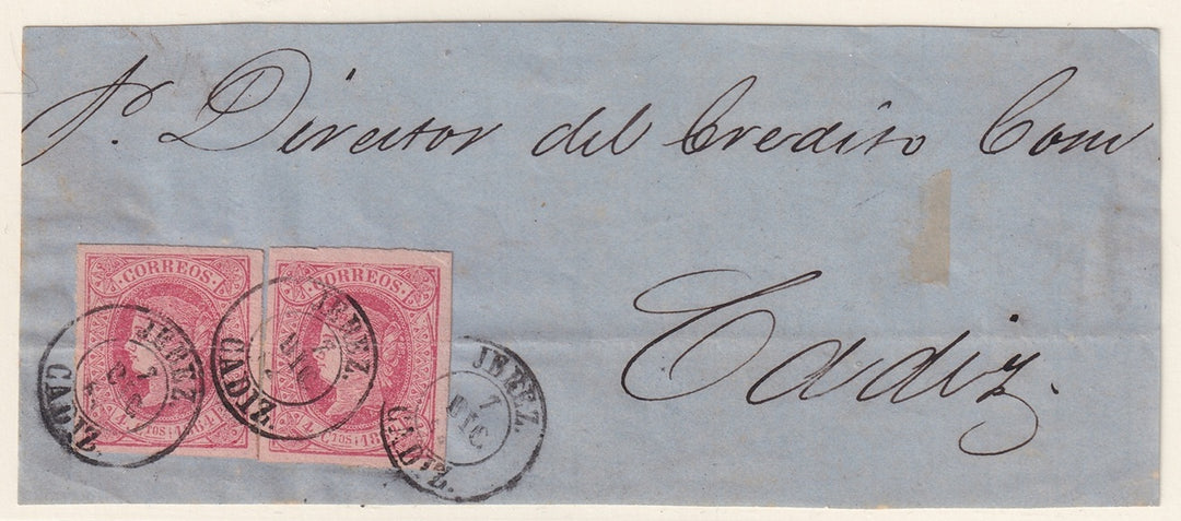 Spain 1864 Sc 62 pair on letter front only Jerez to Cadiz