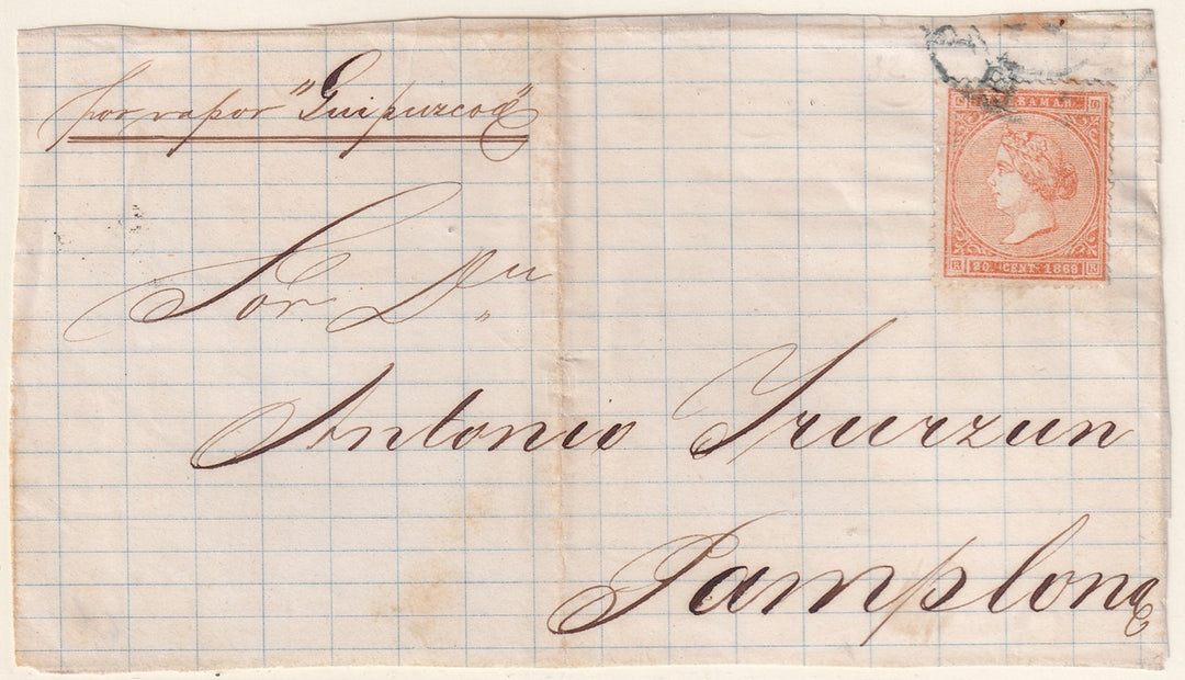 Spanish Antilles 1869 Sc 40 letter front only to Pamplona carried by "Guipuzcoa"