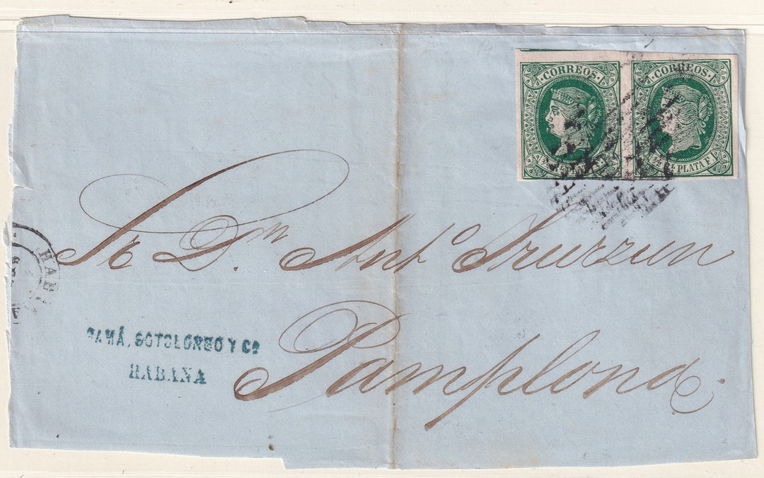 Spanish Antilles 1864 Sc 18 pair on letter front only to Pamplona carried by "Guipuzcoa"