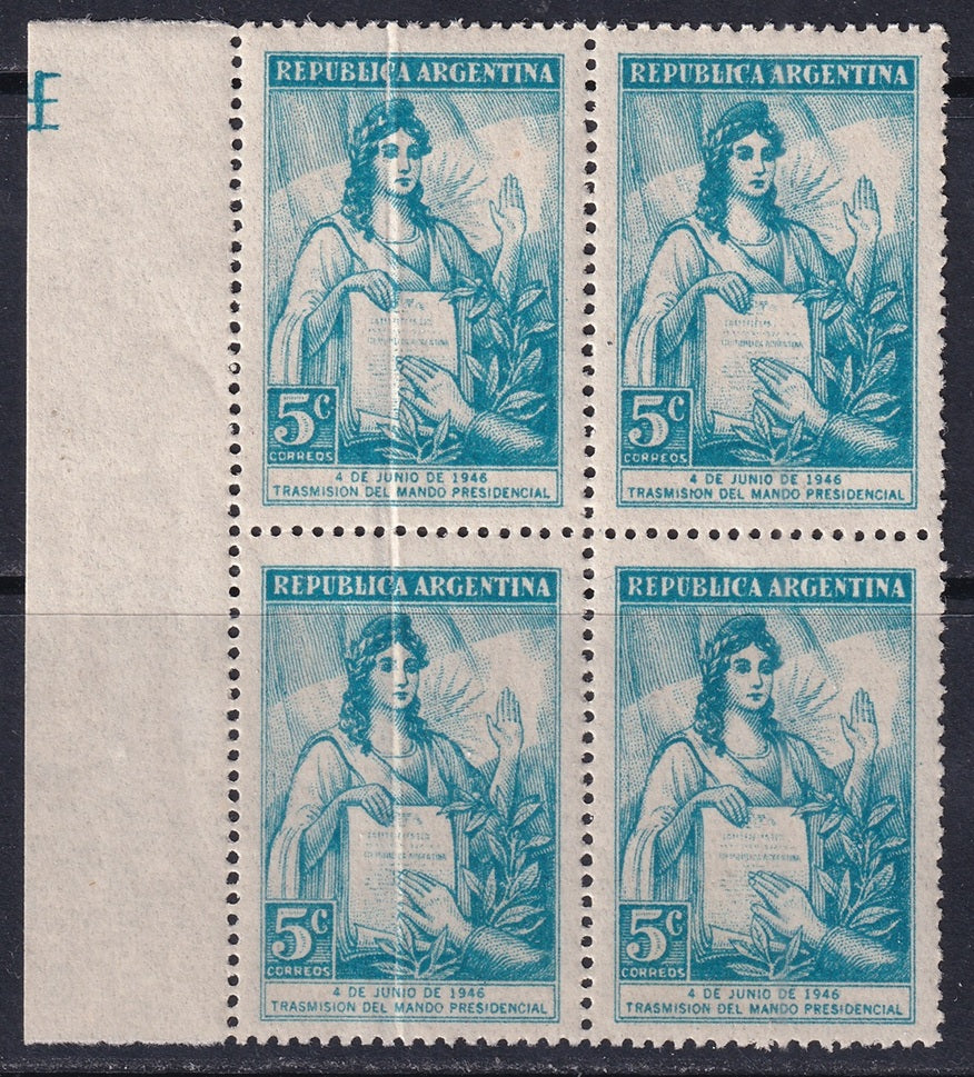 Argentina 1946 Sc 552 block MNH** with paper fold variety