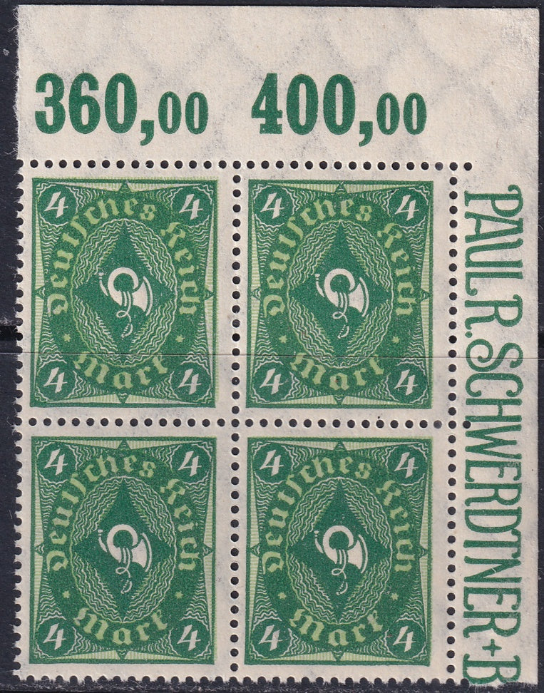 Germany 1922 Sc 179 upper right corner block MNH**