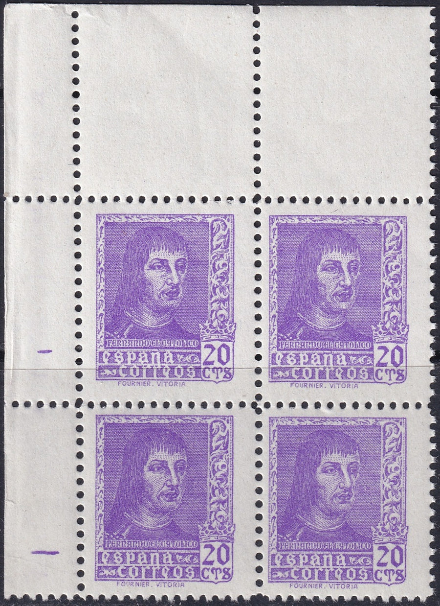 Spain 1938 Sc 659 upper left corner block MNH**