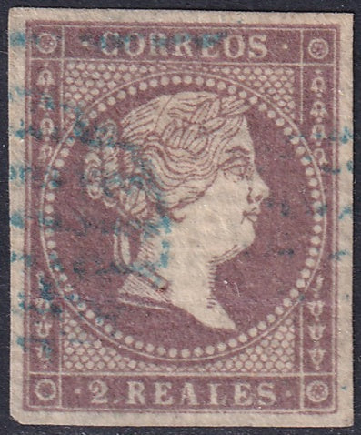 Spain 1855 Sc 43 used blue grill (parrilla) cancel