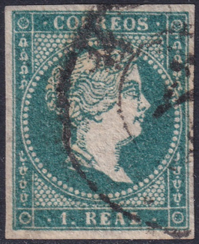 Spain 1855 Sc 42 used "14" (Vallodolid) cartwheel cancel