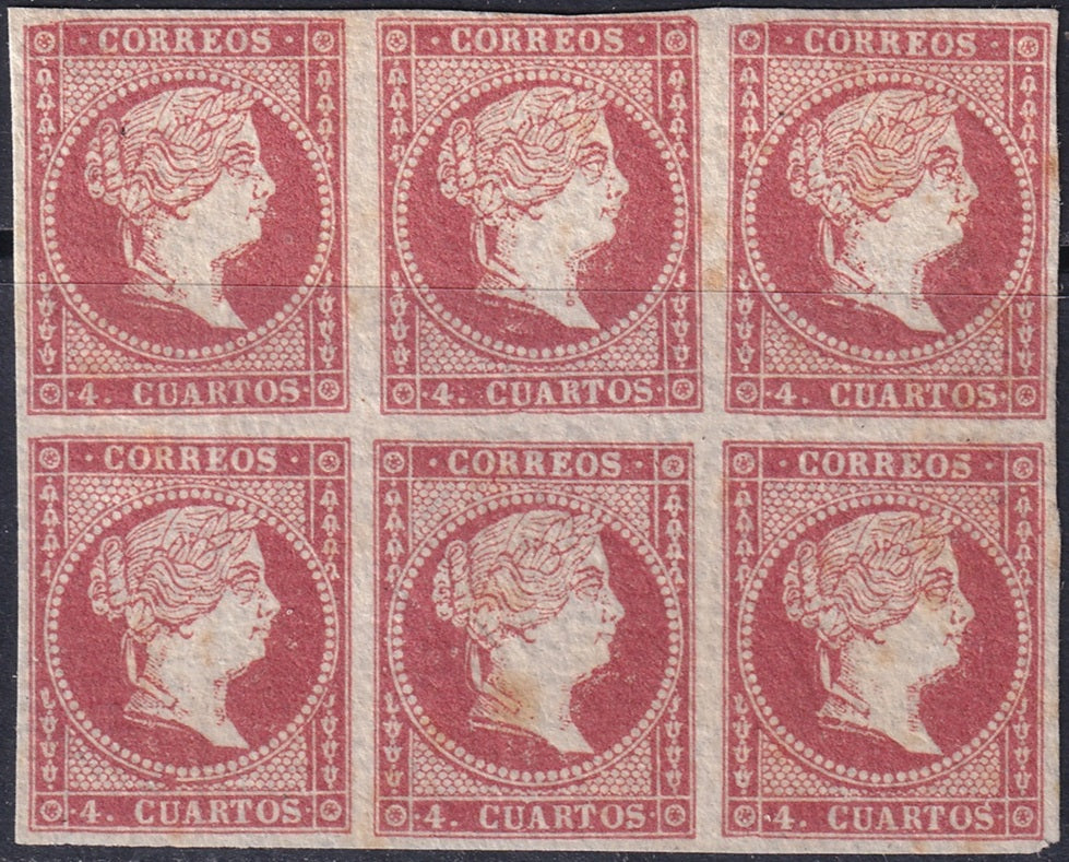Spain 1855 Sc 41 block of 6 MNG(*) toning spots