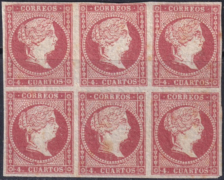 Spain 1855 Sc 41 block of 6 MNG(*) toning spots