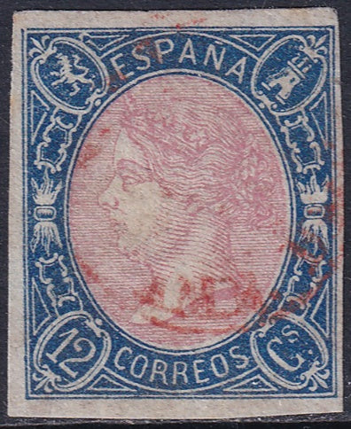 Spain 1865 Sc 69 used red "Amb." (Ambulante) date cancel