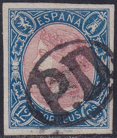 Spain 1865 Sc 69 used oval "P.D." (Porte Debido) cancel