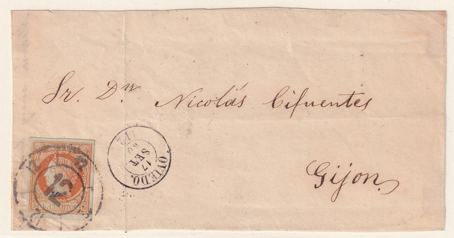 Spain 1860 Sc 50 letter front Oviedo to Gijon