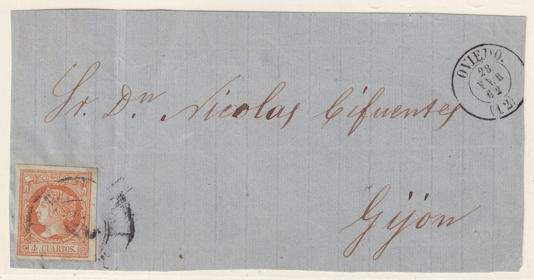 Spain 1862 Sc 50 letter front Oviedo to Gijon