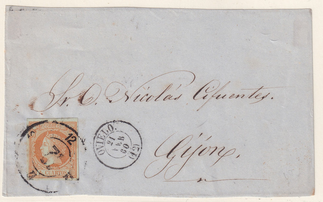 Spain 1860 Sc 50 letter front Oviedo to Gijon