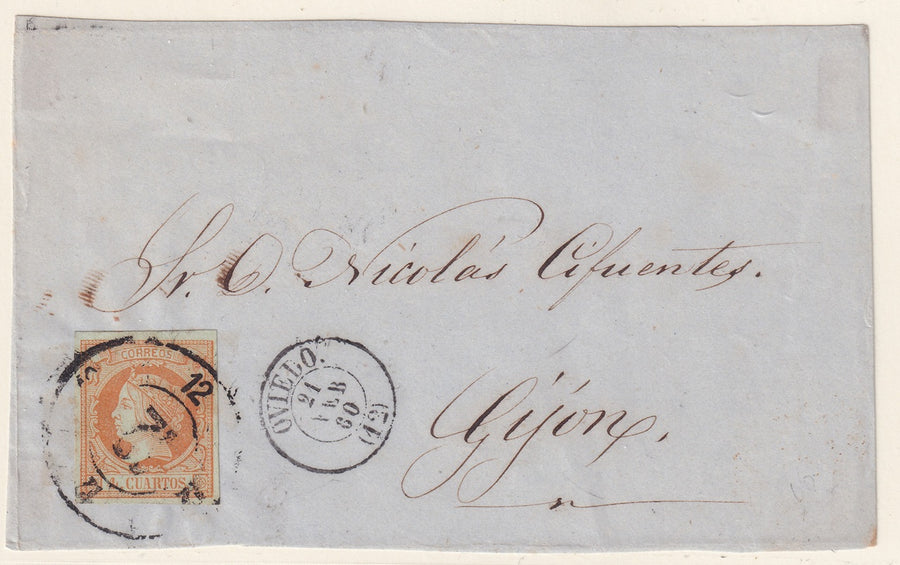 Spain 1860 Sc 50 letter front Oviedo to Gijon