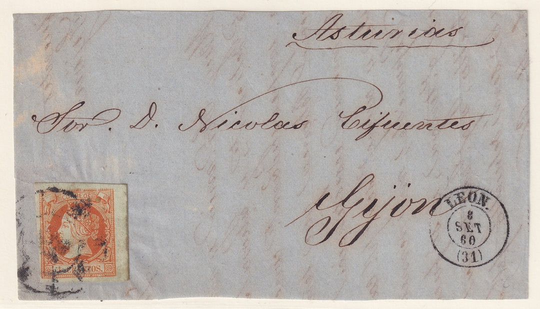 Spain 1860 Sc 50 letter front Leon to Gijon