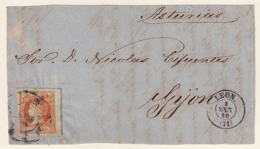 Spain 1860 Sc 50 letter front Leon to Gijon