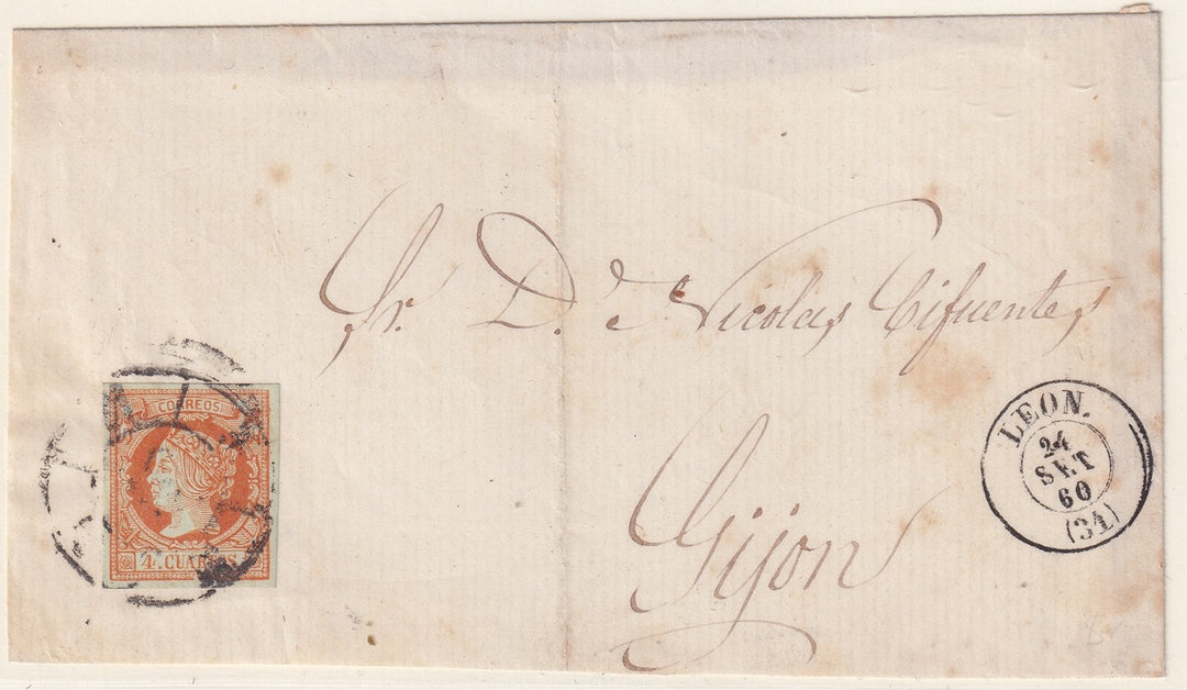 Spain 1860 Sc 50 letter front Leon to Gijon