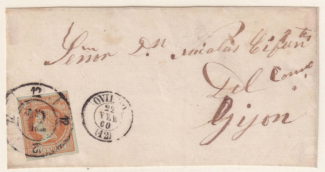 Spain 1860 Sc 50 letter front Oviedo to Gijon