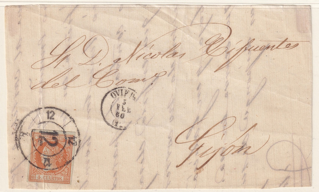 Spain 1860 Sc 50 letter front Oviedo to Gijon