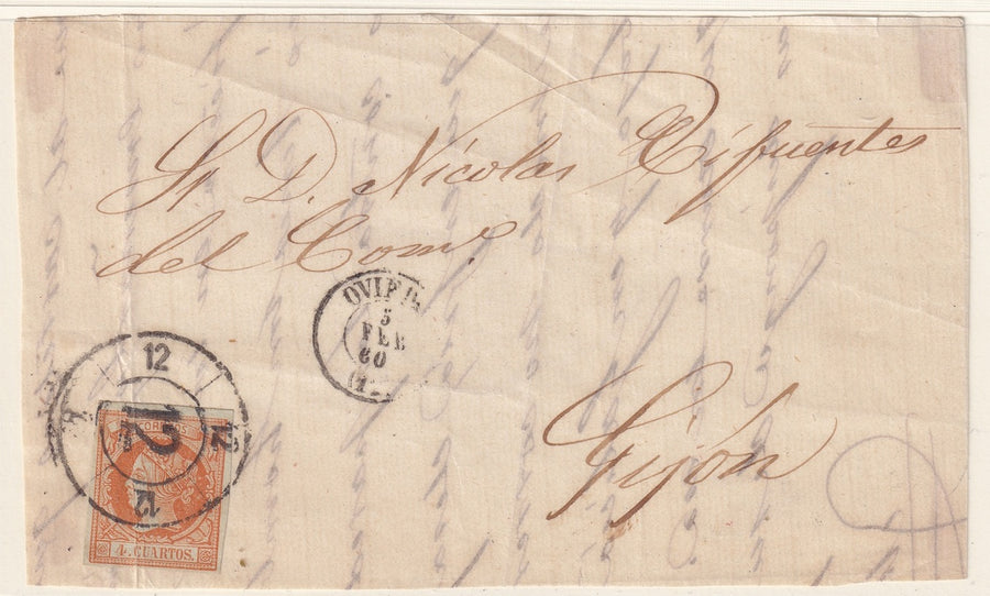 Spain 1860 Sc 50 letter front Oviedo to Gijon